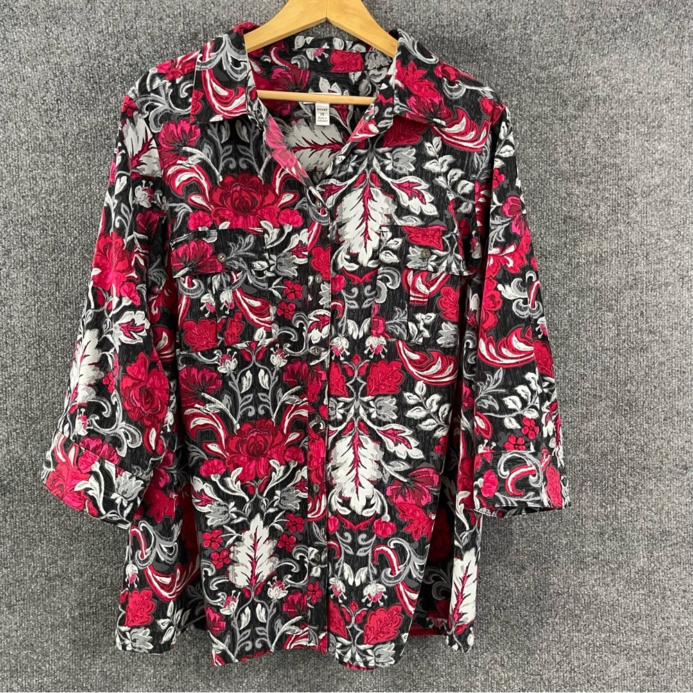 Croft & Barrow Womens Floral Button Up Shirt Size 3X Red Black 3/4 Sleeve Office